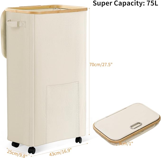 Laundry Basket with Wheels, Dirty Clothes Hamper on Wheels, Rolling Tall Laundry Hamper with lid for Laundry Room, Dorm and Bathroom, 75L Beige - Image 2