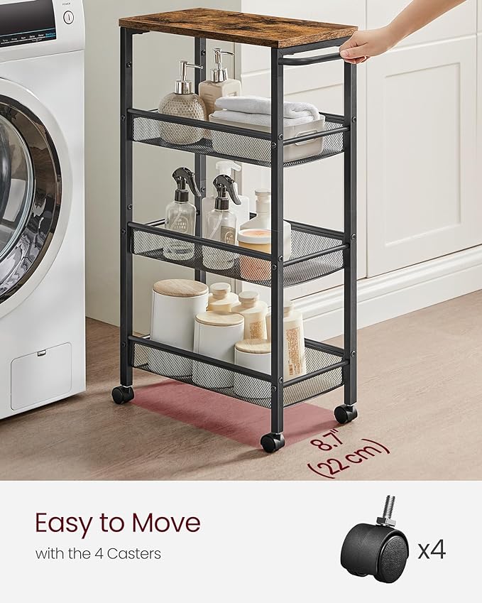VASAGLE Slim Rolling Cart, 4-Tier, 8.7 Inches Deep, Steel Frame | Storage Cart with Handle, Narrow for Kitchen, Living Room, Rustic Brown and Matte Black, DACEY Collection ULRC033B01 - Image 4