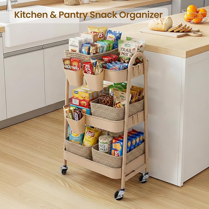 3-Tier Rolling Utility Cart with 4 Woven Baskets, Diaper Book Snack Cart, Storage Organizer for Nursery, Kitchen, Craft Room, Home SPA, Living Room, Metal Frame Trolley on Lockable Wheels, Brown - Image 7