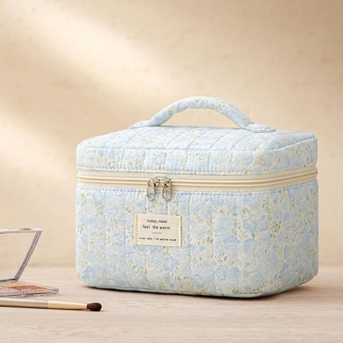 HBselect Quilted Makeup Bag, 3Pcs Cotton Large Travel Makeup Bags Organizer | Cute Floral Make up Bag Cosmetic Bag Toiletry Bag for Women Girls, Makeup Pouch for Skincare, Brushes & Travel Essentials - Image 6
