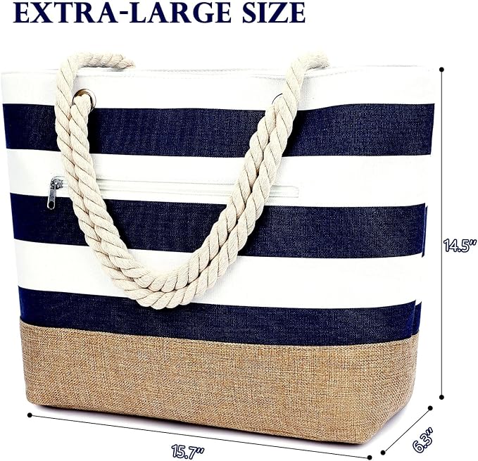 Fammart Beach Bags Waterproof Sandproof for Women, Large Canvas Pool Bag with Leakproof Wet Pocket & Zipper Cruise Essentials - Image 5