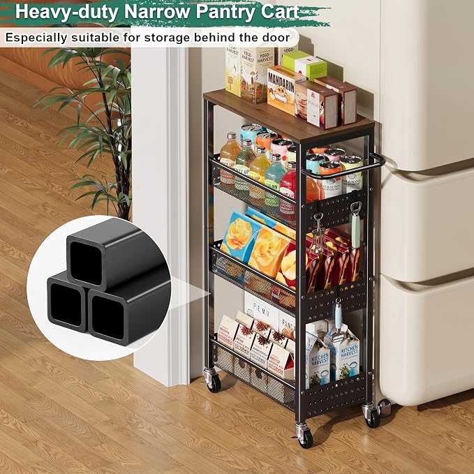 Laundry Room Slim Rolling Cart with Wheels for Between Washer and Dryer Gap | Utility Slim Storage Cart with Table Top, Small Laundry Organizers and Storage Shelves, Thin Shelf for Narrow Spaces, 4 Tier - Image 7
