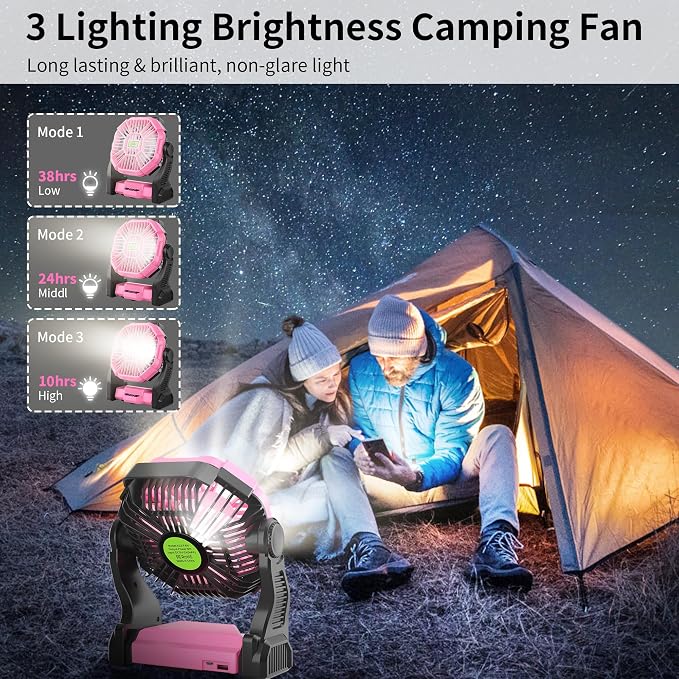 Portable Fan Rechargeable Camping Tent Fan Rechargeable Essentials | 20000mAh Cordless Battery Powered Operated Fan Camping Fan with Light, USB Rechargeable Desk Fan Portable for Travel X23 Pink - Image 4