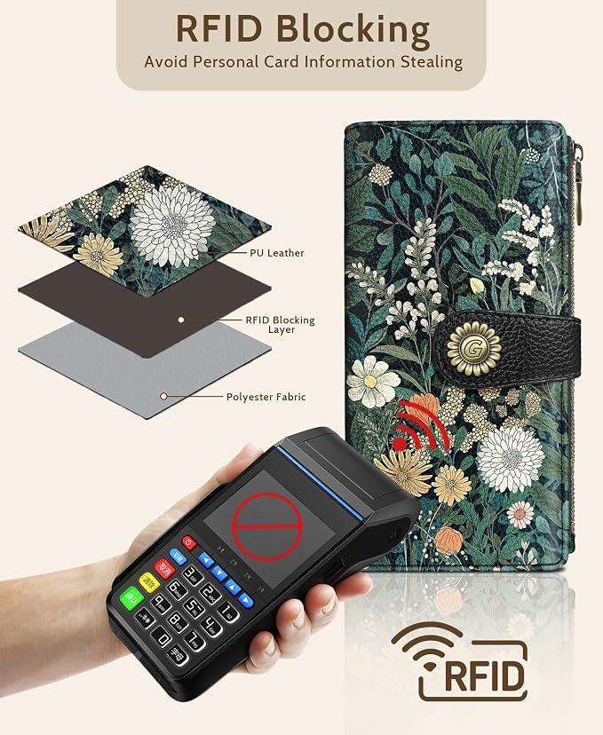 GIANCOMICS Wildflower Flower Womens Wallet RFID, Credit Card Holder Bifold | Billfold, Cute Cash Purse, Travel Zipper Coin Pocket, Compact Clutch, PU Leather, ID Window, 11 Card Slots, Ladies Gift Woman - Image 4