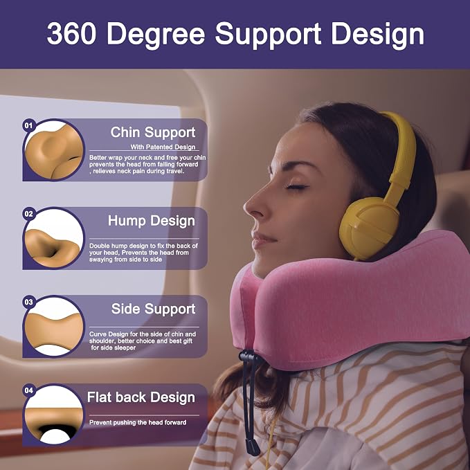 napfun Neck Pillow for Travel, Memory Foam Airplane Pillow, Rose | 360° Neck Support, Upgraded 100% Memory Foam for Airplane, Car, Train, Bus, Office Sleep, Travel Essentials for Long Flights - Image 3