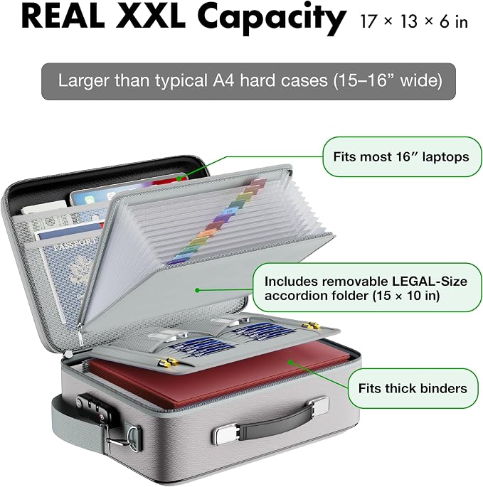 XXL Legal-Size Fire & Water-Resistant Document Box with TSA Lock - Hard-Shell Case (17×13×6 in) Hard Case File Organizer for Important Documents, Laptop, Passport, Wills, Certificates (Silver) - Image 2