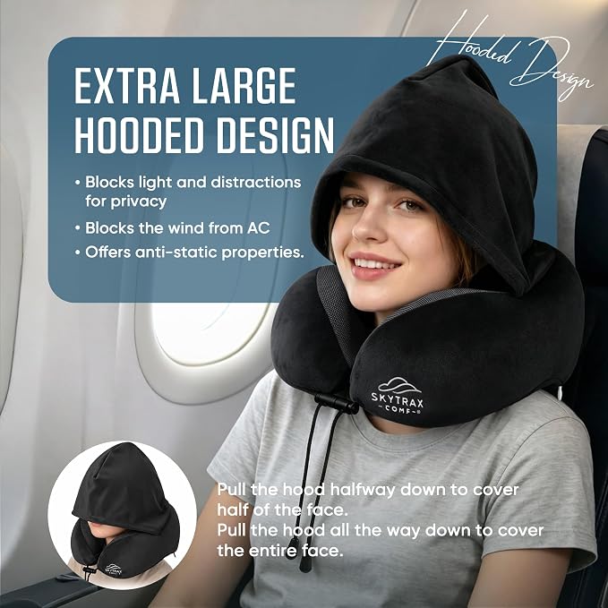 SkytraxComf® Travel Neck Pillow with Hood for Privacy on Long Flights | Memory Foam | Airplane Sleep | Safety-Tested Materials | Extra Large Hood | Chin Support | Earplugs | Washable Cover - Image 2