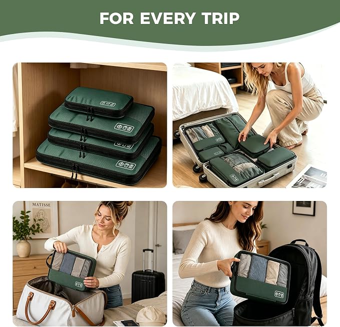 8-Piece Compression Packing Cubes for Travel, Organize Travel Essentials | Trendy Luggage Organizer Set for Young Travelers, Space-save for Carry-On, Suitcase, Vacation & Weekend Trips - Avocado Green - Image 7