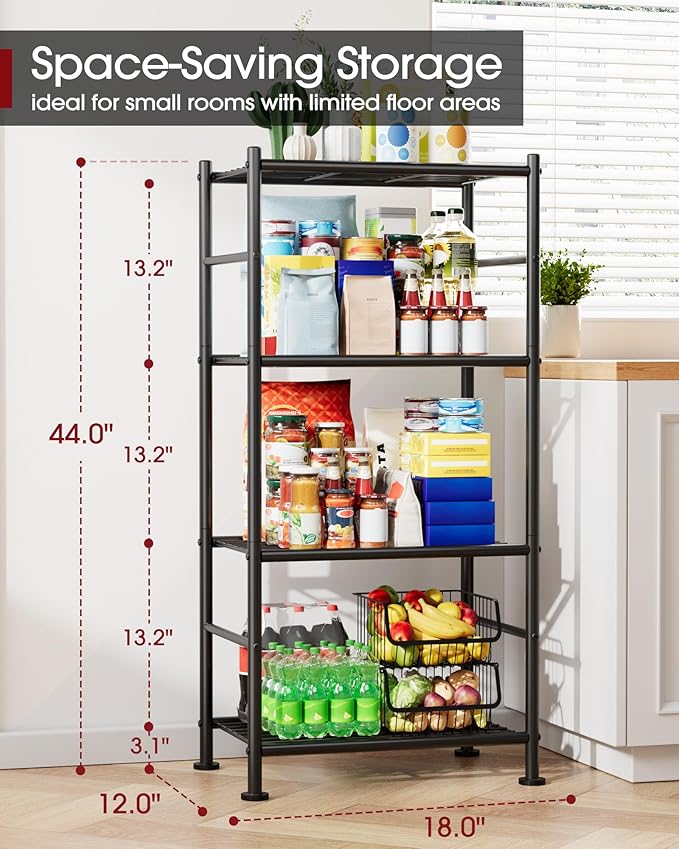 Sakugi Storage Shelves - 4 Tier Shelf Organizer, Sturdy Metal Garage Shelving with Adjustable Leveling Feet, Space-Saving Shelves Organizer for Pantry, Laundry, Kitchen (18" x 12" x 44", Black) - Image 2
