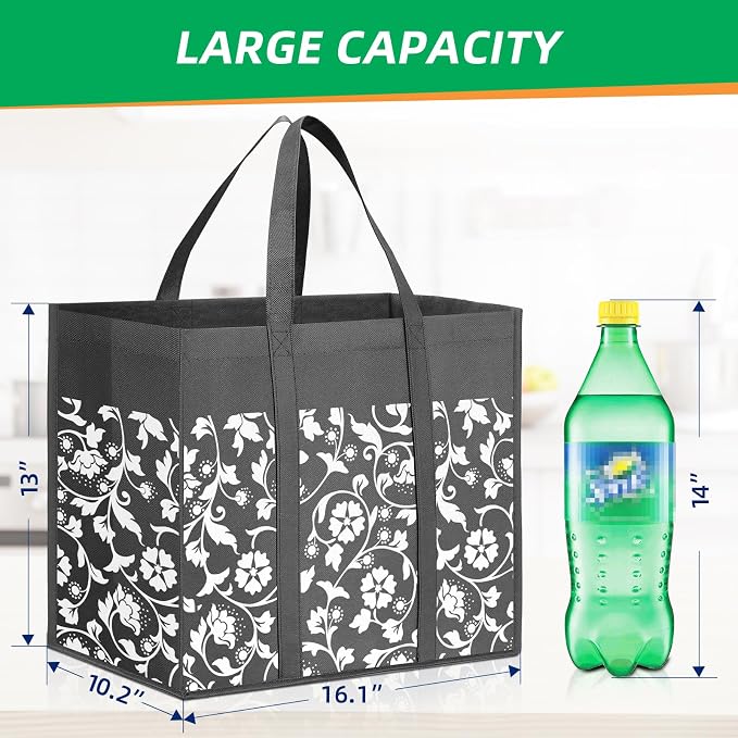 Reusable Grocery Bags Foldable Tote Bags bulk Shopping Bags 6-Pack, Grey | Reinforced Handles Shopping Bags for Groceries Heavy Duty Kitchen Reusable Grocery Bags with Waterproof Coating - Image 3