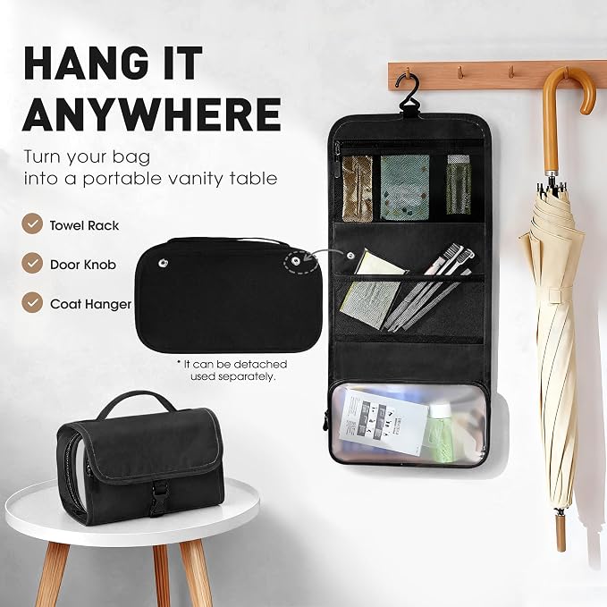 Toncoke Travel Toiletry Bag Set, Hanging Toiletry Bag Premium Faux Leather, Toiletry Bag for Women & Men, Travel Essentials Makeup Bag Water-resistant (Faux Leather Black) - Image 2