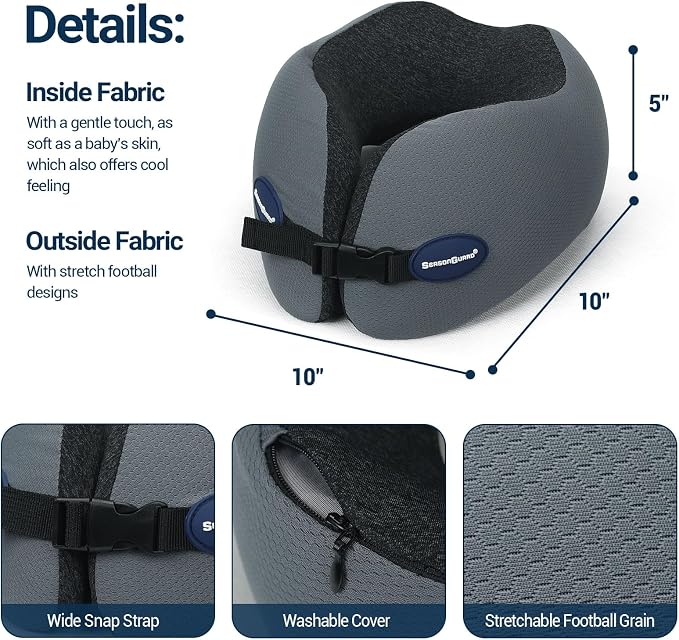 Season Guard Travel Neck Pillow for Airplane Car Flight - Dual-Core Memory Foam Pain Relief Pillows for Sleep - Best Traveling Essential Accessories for Rest - Head Cushion for Women Adult Kids - Image 3