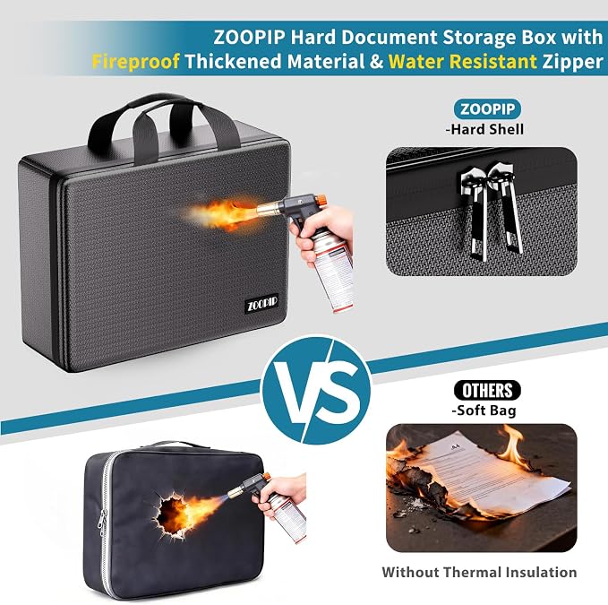 Fireproof Document Box with Lock, Hard-Shell File Organizer, Black | Water-Resistant Zipper,Letter Size,Large Capacity,Portable Safe Storage for Important Paperwork,Passports,Certificates - Image 5