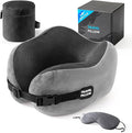 Neck Pillow Travel Pillow - 100% Pure Memory Foam Airplane Pillow with Adjustable Clasp & Removable Cover, Portable Travel Essentials for Long Flights, Car & Office (Light Gray, with Eye Mask) by PEUJEW