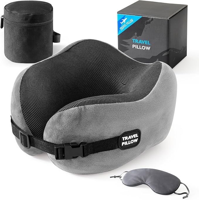 Neck Pillow Travel Pillow - 100% Pure Memory Foam Airplane Pillow with Adjustable Clasp & Removable Cover, Portable Travel Essentials for Long Flights, Car & Office (Light Gray, with Eye Mask) by PEUJEW