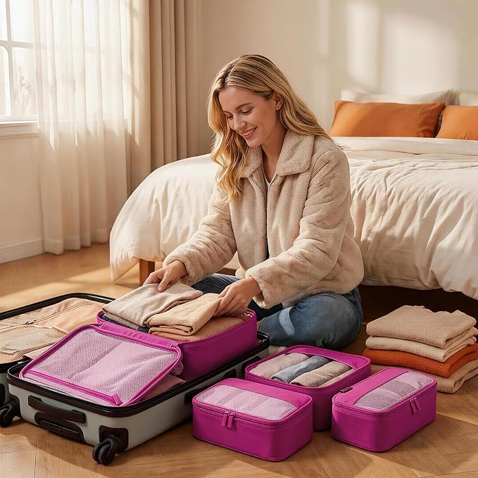 4 Piece Compression Packing Cubes for 3–7 Day Travel, Space Saving Travel Organizers with Breathable Mesh, Double-Zipper Packing Cubes for Carry-On & Suitcases (Red) - Image 6