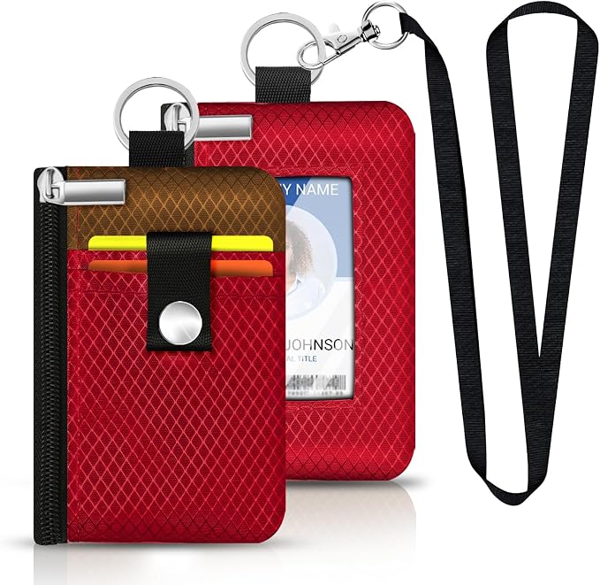 Minimalist RFID Blocking Small Wallet with ID Window,WaterResistant Zip Id Case Wallet with Lanyard Keychain for Cards,Cash,Travel,Women,Men (Red/Brown) - Image 6
