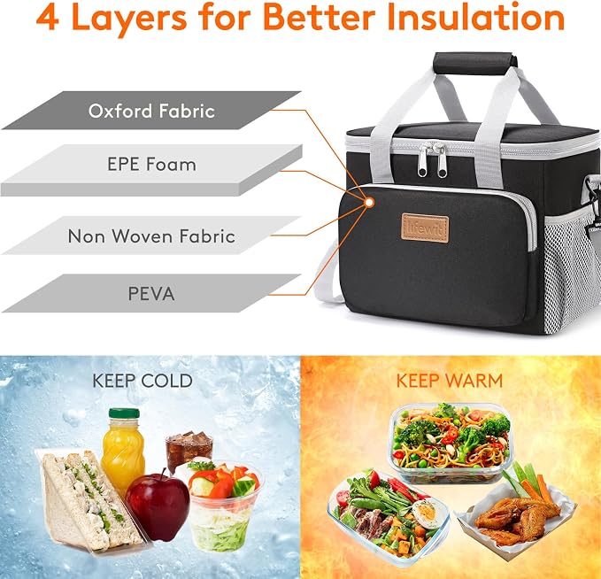 Lifewit Medium Lunch Bag, Insulated Lunch Box, Soft Cooler Cooling Tote for Adult Men Women, Gray and Black 12-Can (9L) - Image 2