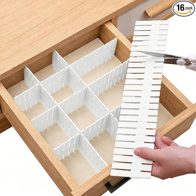 Adjustable Drawer Dividers, Cut-to-Fit DIY Organizers, White,16 Pack | For Tidying Cutlery, Makeup, Clothes and Dresses in Drawers, Desks and Storage Boxes for Kitchen, Bathroom, Bedroom & Office by Bofoho