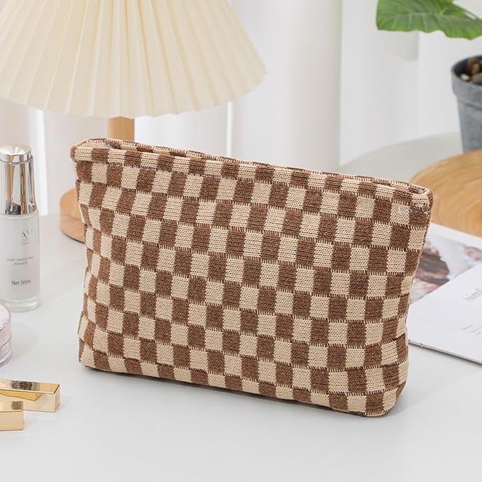 Cosmetic Bags for Women - Corduroy Cosmetic Bag Aesthetic Women Handbags Purses Smile Dots Makeup Organizer Storage Makeup Bag Girls Case Bags (Q-Checkered Khaki) - Image 3