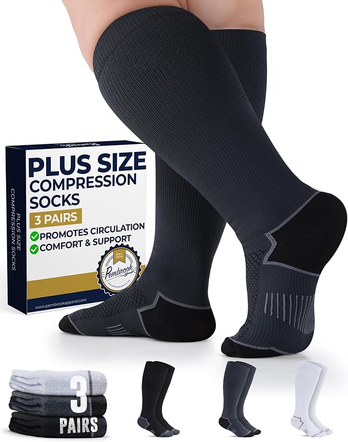 Pembrook Plus Size Compression Socks for Women Wide Calf - 3 Pairs, 20-30mmHg Extra Wide Calf Compression Socks, Up to 4XL by Pembrook