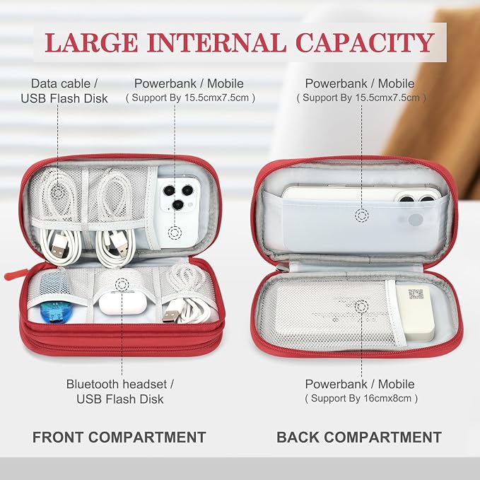 FYY Electronic Organizer, Travel Tech Pouch Bag, Cable Organizer Red | Wrist Strap, Waterproof, Double Layers Portable Electronics Travel Carrying Case for Cord, Charger, Daily Business Trips Use - Image 3
