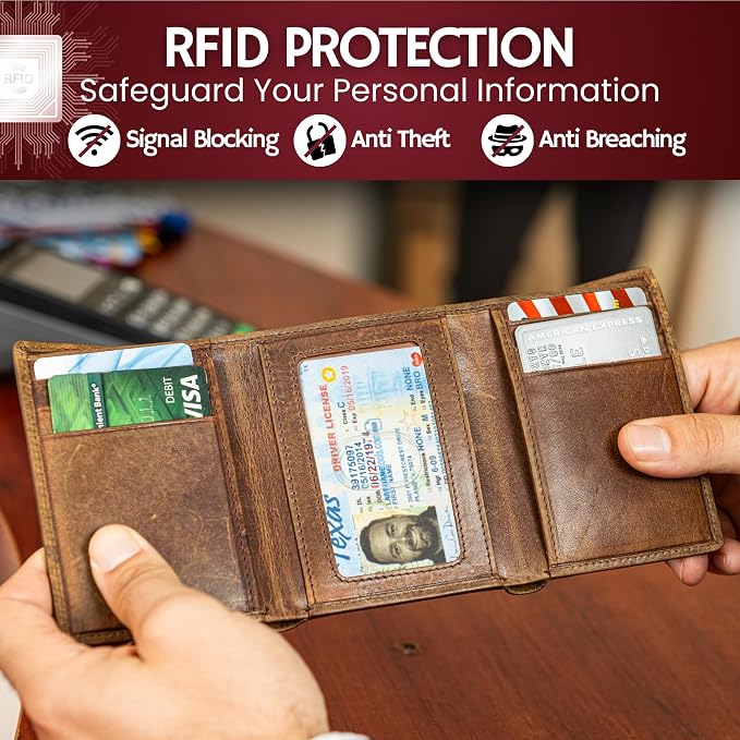 BULL GUARD Men’s RFID Trifold Leather Wallet with ID Window, Crafted from Durable Oil Tan Leather with Strong Stitching, Stylish, Secure Wallet for Work, Sport, Travel, Outdoors, Embossed Eagle Emblem - Image 4