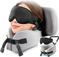 YFONG Travel Pillow with 3D Sleep Mask for Long Flights Airplane, Grey | Patented 360° Ergonomic Sleeper Hold Head Support System, Memory Foam Neck Pillow, Prevents Head Bobbing, Adjustable Strap by YFONG