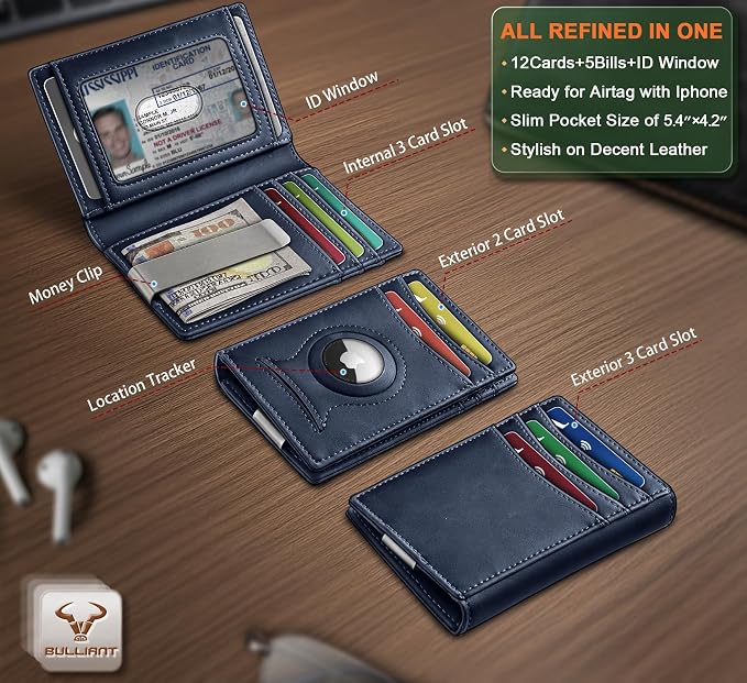 BULLIANT Magnetic Slim Leather Airtag Wallet Money Clip For Men 12Cards | RFID Blocking | Easy Access | Gift Boxed | Pocket Fit - Image 2