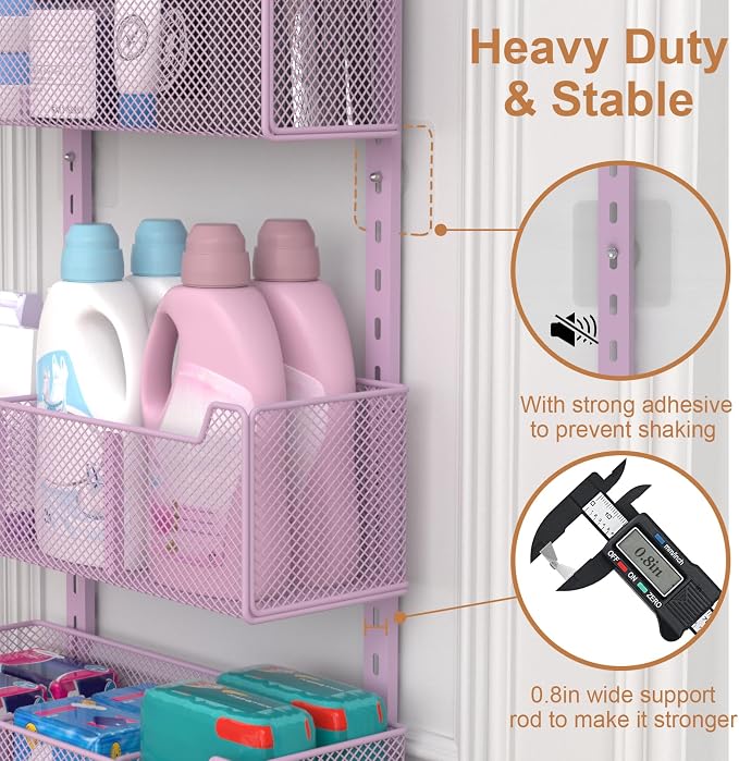 VyGrow Over The Door Organizer, Metal Door Organizer Hanging with 5 Adjustable Baskets and Coat Hook, Behind The Door Storage for Bedroom Closet Bathroom Pantry Cabinet Kitchen, Purple - Image 7