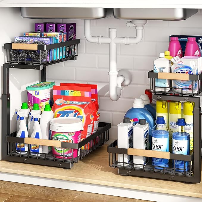 PXRACK Under Sink Organizer, Adjustable Height, 2 Tier Pull Out Under Cabinet Organizer, Slide Out Thickened Metal Under Sink Storage for Kitchen Bathroom Laundry Pantry Cabinet, Black, Small-1-Pack - Image 7