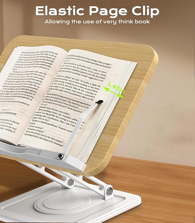 LOXP Ergonomic Book Stand for Reading, 360° Rotating Holder with Page Clip | Adjustable height angle, Hands-free, anti-slip base, Fits tablets cookbooks magazines laptops, wood and metal, White - Image 5