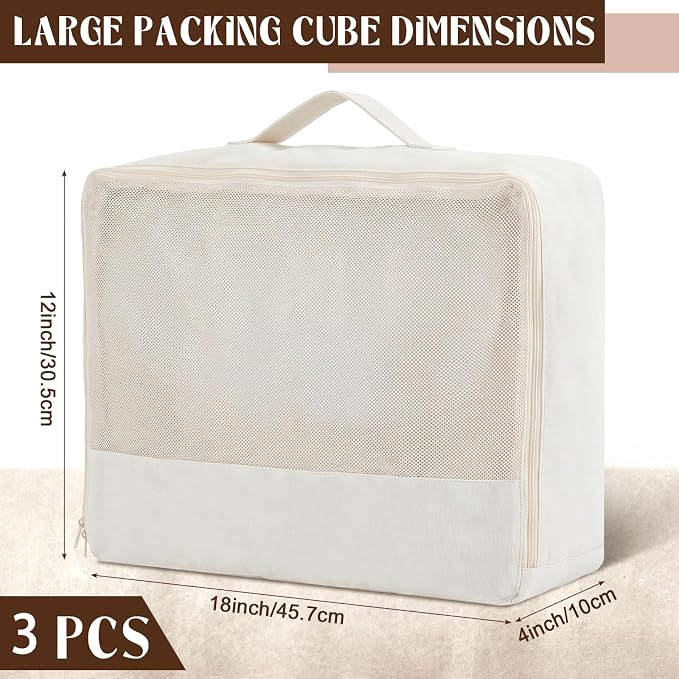 Shinymoon 3 Set 100% Cotton Packing Cubes with Handles,Zippers, Clothes Shoes Organizer(18"x12"x4",Mesh,Regular) - Image 3