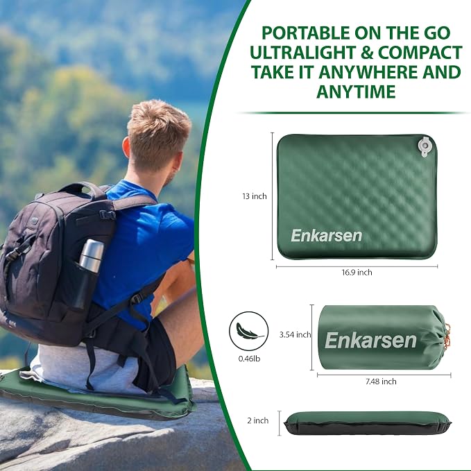 Inflatable Travel Seat Cushion – Self-Inflating Memory Foam Pad for Airplane, Stadium Bleachers, Camping, Hiking & Backpacking – Ultralight Compact & Portable Sitting Cushion (Green) - Image 2