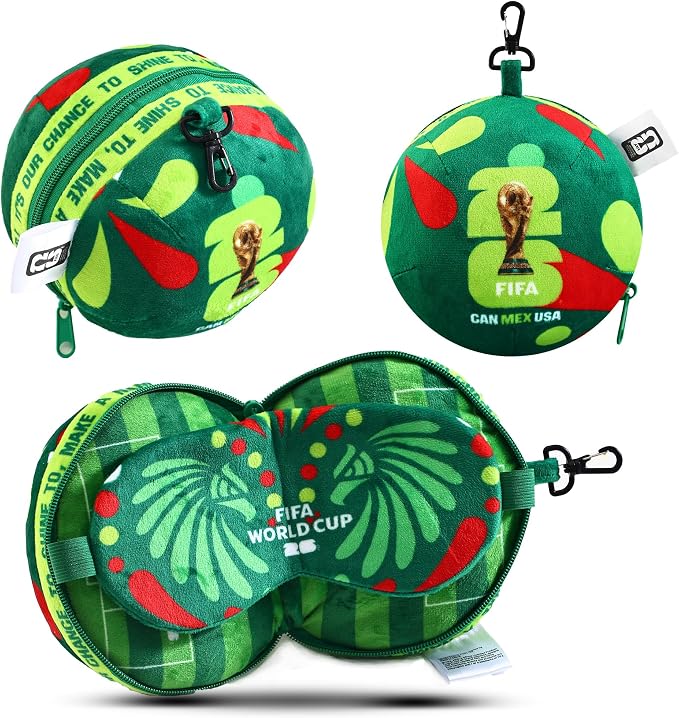 MESUCA FIFA World Cup 2026 Travel Pillow with Eye Mask, Soccer Ball Design Toy Plush 2-in-1 Neck Pillow, Ideal for Car, Airplane, Train Journeys, Kids Gift, FIFA World Cup 2026 Merchandise-Mexico by Mesuca