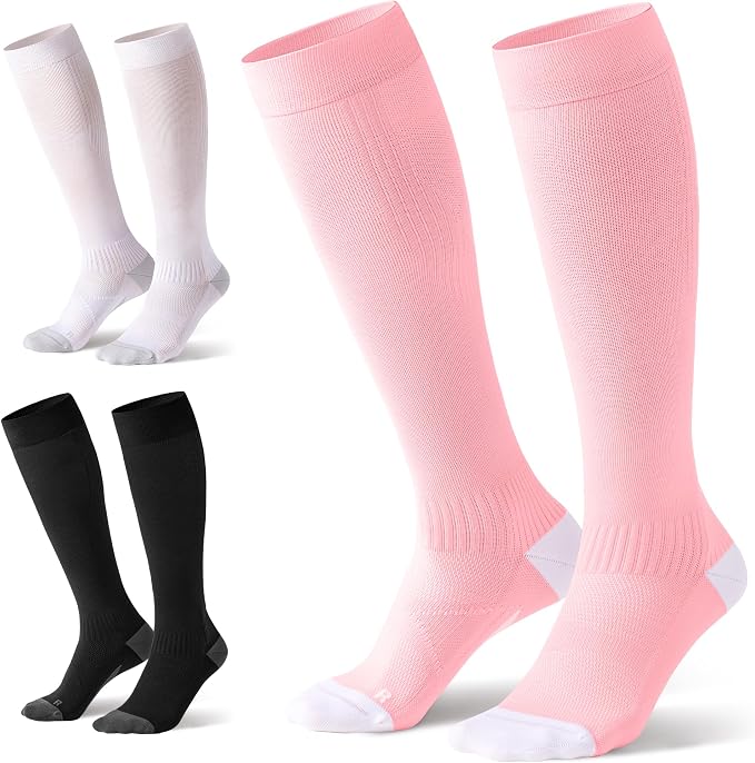 3 Pairs Easy On/Off Compression Socks - 15-20 mmHg Moderate Support Socks with Cushioned Sole and Seamless Toe by Bbfrey