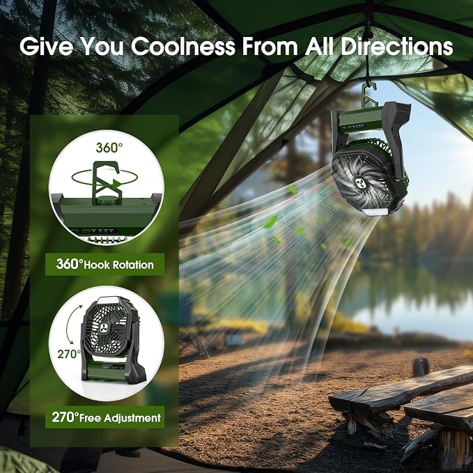 Portable Rechargeable Fan, 20000mAh Cordless Battery Powered Camping Fans | with LED Lantern Operated Outdoor Ventiladores for Travel Tent Camp Fishing Office Home Essentials Army Green - Image 4