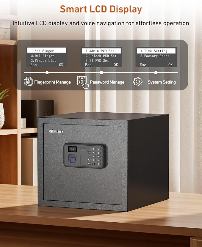 BILLCONCH Biometric Gun Safe for Multiple Handguns Quick Access Pistol Safe | 0.9 Cu Ft Lock Box for Nightstand. Unlock by Fingerprint, Keypad, App or Key. Voice Guide, Silent Mode, LCD Display. - Image 3