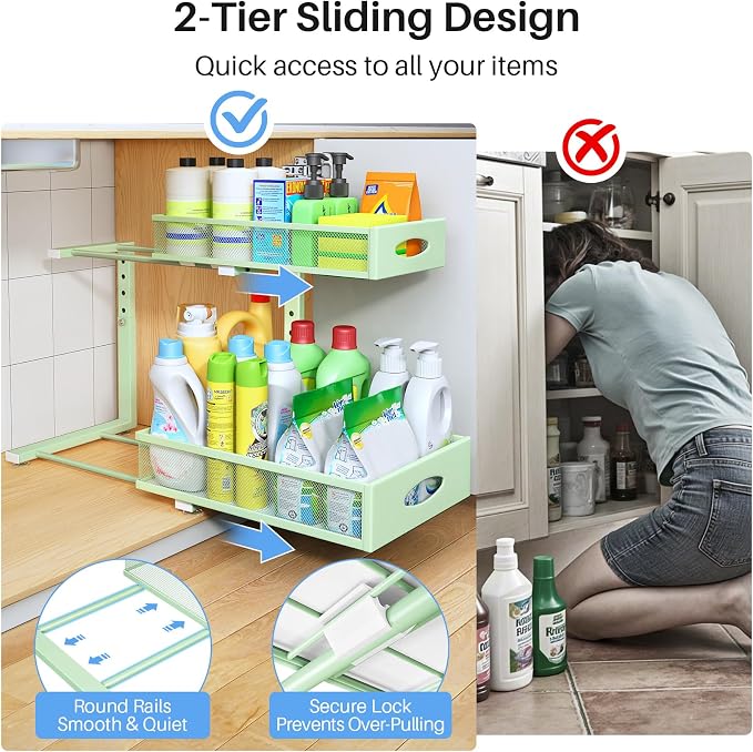 Under Sink Organizer, 2 Pack 2 Tier Pull Out Under Cabinet Organizer Shelf with Pad for Framed Cabinets, Metal Slide Out Under Sink Storage, Mesh Sliding Drawers for Kitchen Bathroom Laundry, Green - Image 4