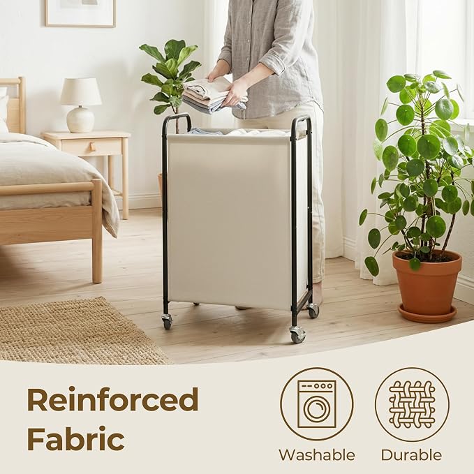 GRANNY SAYS Laundry Hamper, Slim Basket with Wheels and Handles, Beige, 80L | Heavy Duty Metal Frame, Silent Rolling Cart for Clothes in Bedroom, Bathroom, Dorm - Image 4