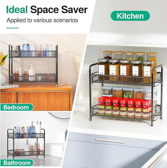 Spice Rack Organizer for Countertop,Xpatee 2-Tier Foldable Metal Rust-Proof Standing Large Seasoning Storage Shelf with Guardrail and Mesh Design for Kitchen Cabinet Bathroom Living Room Pantry, Black - Image 7
