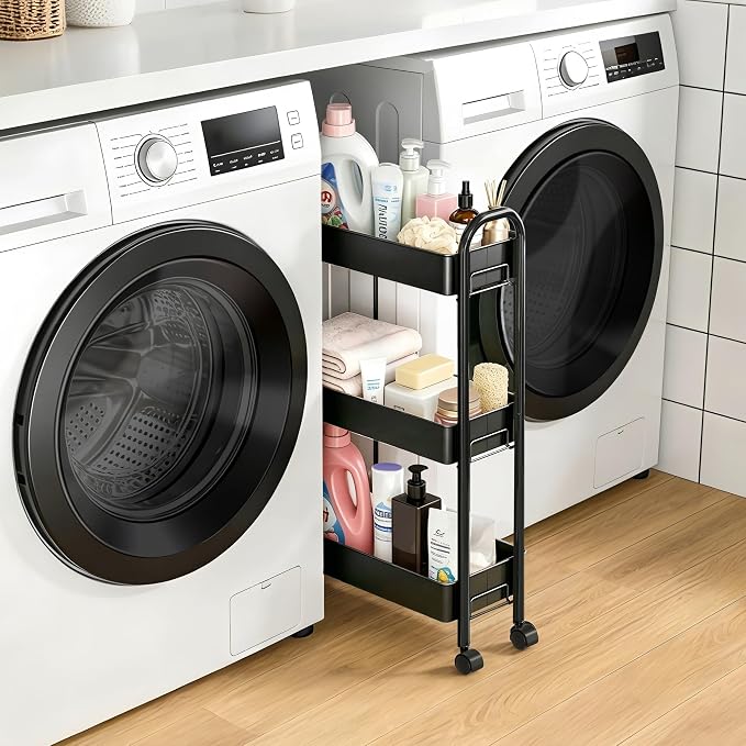 Slim Rolling Cart, Metal Frame Utility Rolling 3-Tier Narrow Storage Cart | Kitchen Storage Organizer, Mobile Shelving Unit for Bathroom Kitchen - Image 5