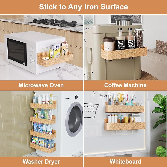 Mystozer Magnetic Spice Rack for Refrigerator, Kitchen Organizer and Storage Shelf, Woodgrain (4 Pack)… - Image 6