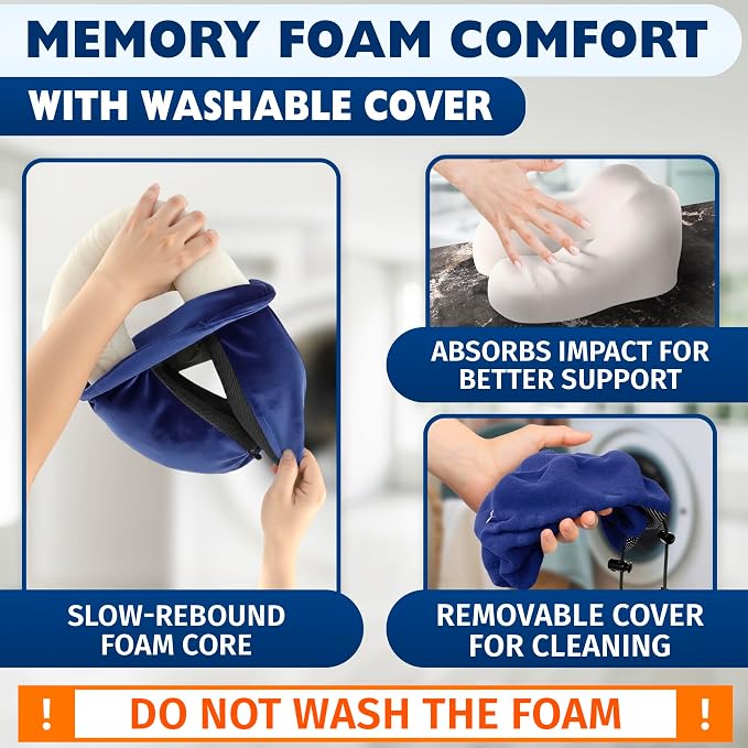 Travel Neck Pillow for Airplane, 100% Memory Foam (Blue) | 4-in-1 Set with 3D Eye Mask, Earplugs, Carry Bag, Washable Cotton Cover & Snap Buttons, Neck Pillow for Plane, Car & Train - Image 6