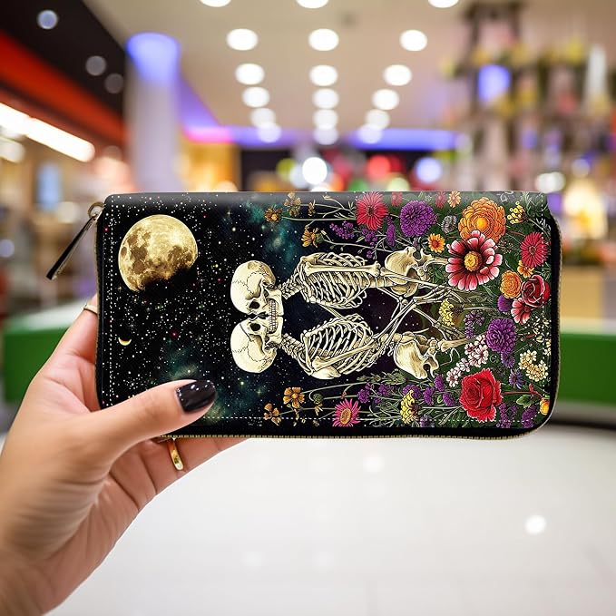 Wallet,Leather Long Wallet Suitable For Ladies And Teenagers - Detachable Wristband + RFID Travel Wallet With Card Slot - Skeleton Floral - Image 4