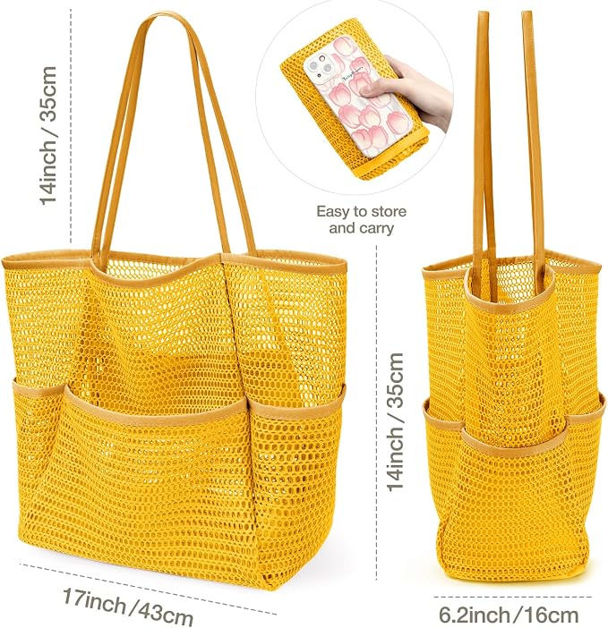KPX Beach Bag with Mini Pocket, Summer Beach Tote Bags for Women Large Foldable Mesh Swimming Pool Travel Bags - Sandproof - Image 2