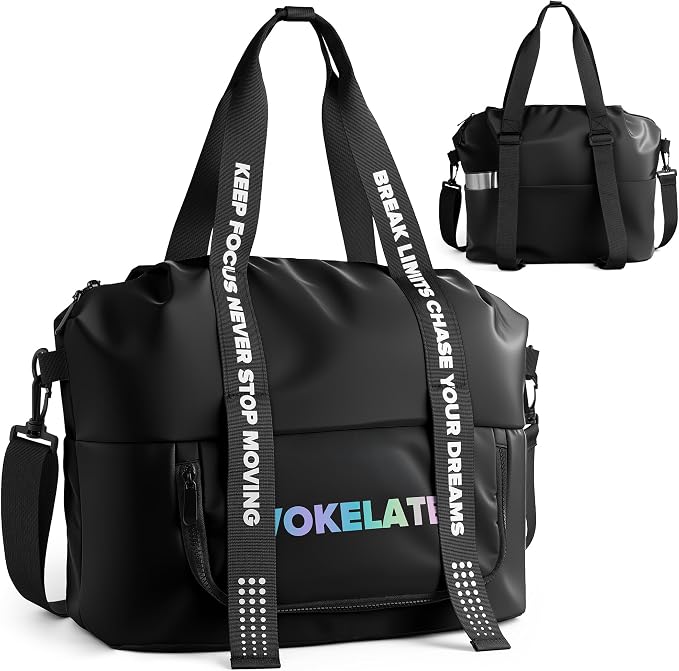 Sport Gym Bag for Women, Carry on Tote Personal Item Bag with Shoes Compartment, Travel Duffle Bag for Girl, Lightweight Overnight Luggage Bag for Travel, Airplanes, Sports - Black by Vokelater