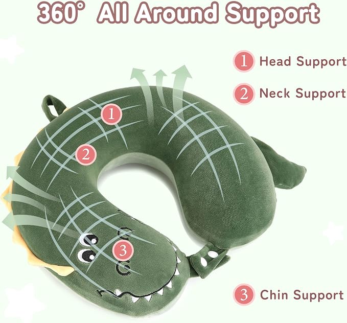 Kids Travel Neck Pillow for Ages 3-8 with Memory Foam, Crocodile | Removable cover, 13 in neck size, hidden zipper, machine washable, head and chin support, car seat and airplane use - Image 4