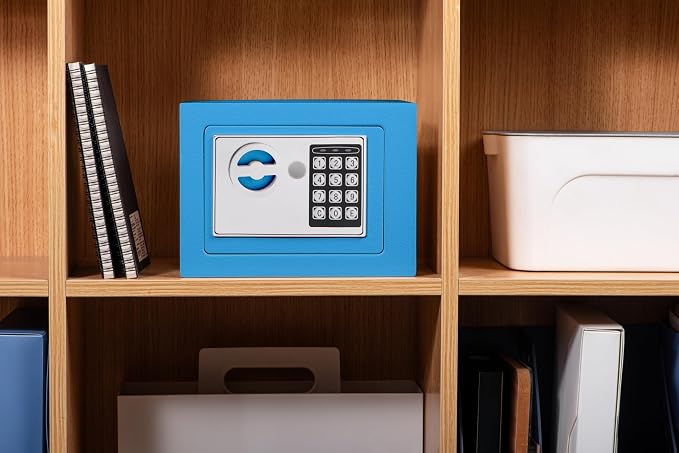 Small Safe Box With Digital Keypad & Keys - 9.05 x 6.7 x 6.7 Inches Wall Safe 0.23 Cuft Mini Security Lock for Money, Cash, Coin, Jewelry - Home Office Hotel Rooms Business (Blue2) - Image 4