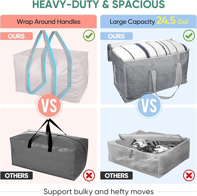 BALEINE 4-Pack Oversized Moving Bags with Reinforced Handles, Heavy-Duty Storage Tote for Clothes, Moving Supplies (Winter Grey, 4-Pack) - Image 4